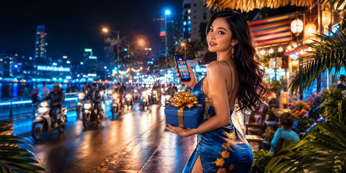Người chơi slot game tại chợ đêm Hà Nội qua ứng dụng di động ban đêm