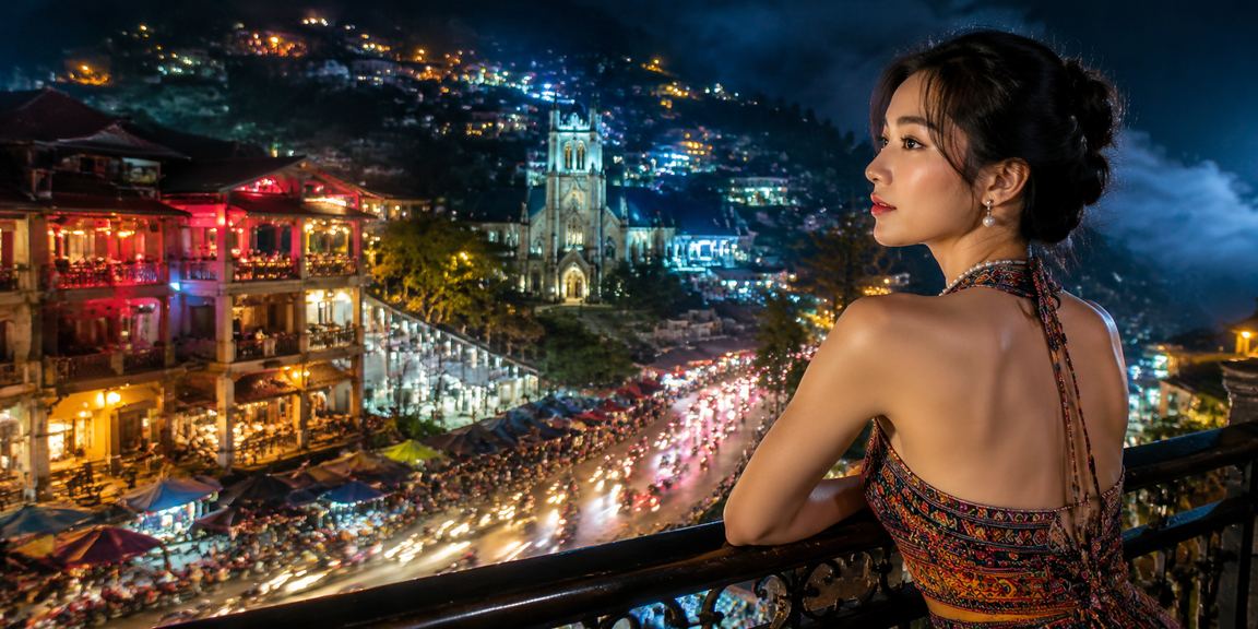 Giao diện neon đêm tại Sa Pa với người dùng truy cập nền tảng cá cược trực tuyến